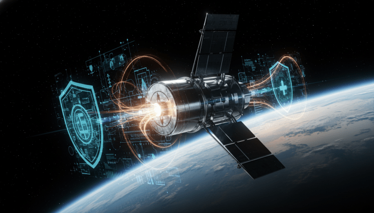 Satélite tecnológico orbitando la Tierra representando la proteccion de datos y propiedad intelectual en el sector espacial.