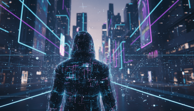 Creador digital observando activos de propiedad intelectual y activos digitales en un entorno de metaverso futurista y luminoso.