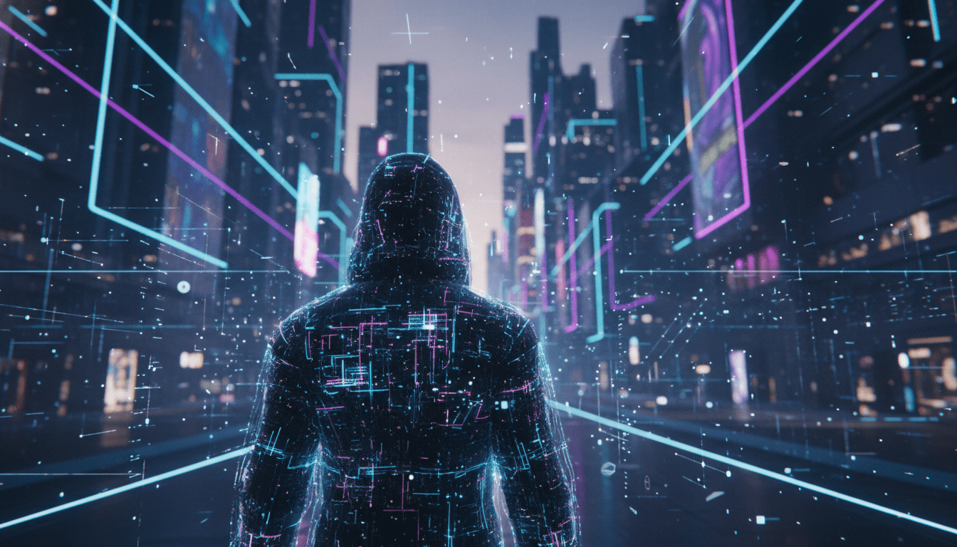 Creador digital observando activos de propiedad intelectual y activos digitales en un entorno de metaverso futurista y luminoso.