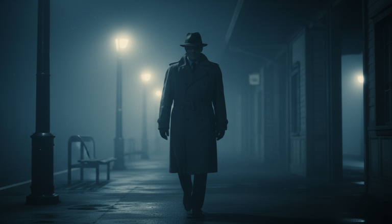 Figura misteriosa caminando en una estación de tren nocturna, representando el concepto de una identidad encubierta.