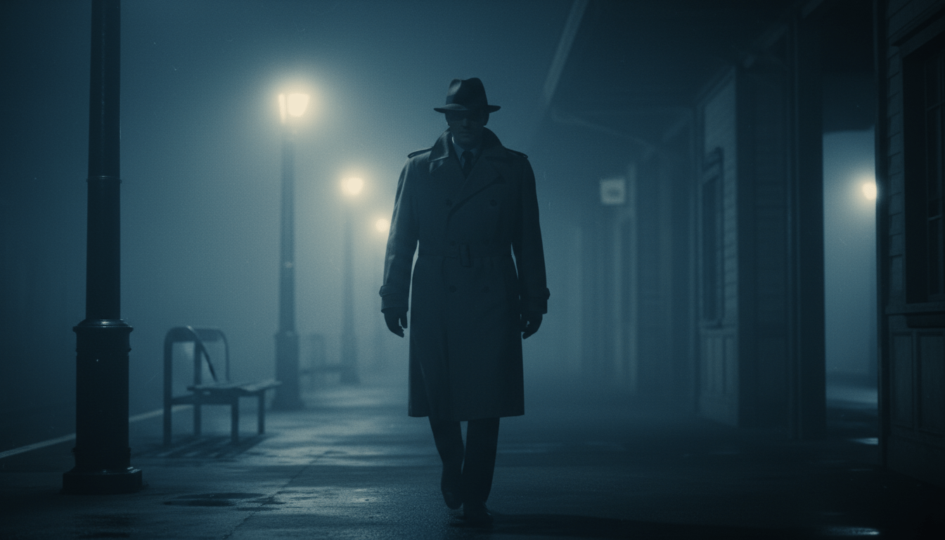 Figura misteriosa caminando en una estación de tren nocturna, representando el concepto de una identidad encubierta.