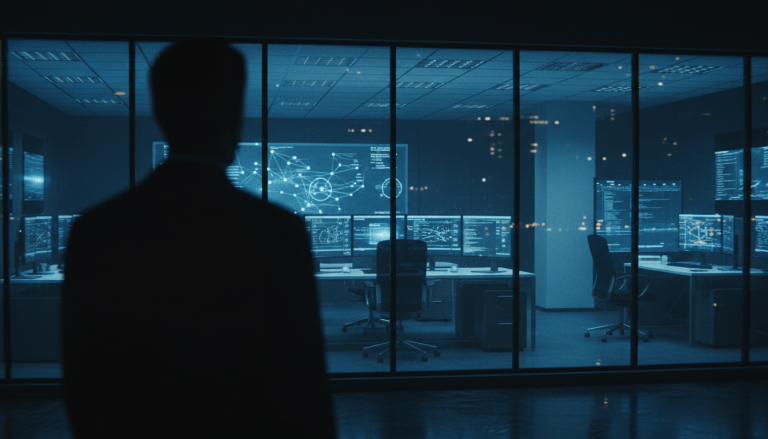 Arquitectura de seguridad digital con silueta observando desde la oscuridad en entorno corporativo
