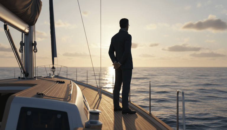 Ejecutivo corporativo observando el horizonte desde un barco simbolizando la gestion de inversores y seguridad financiera
