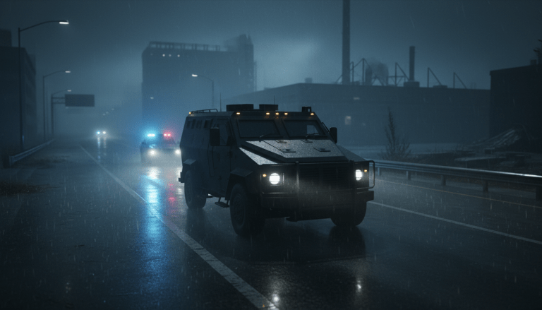 Convoy de transporte tactico de prisioneros de alto riesgo bajo lluvia nocturna con iluminacion cinematografica