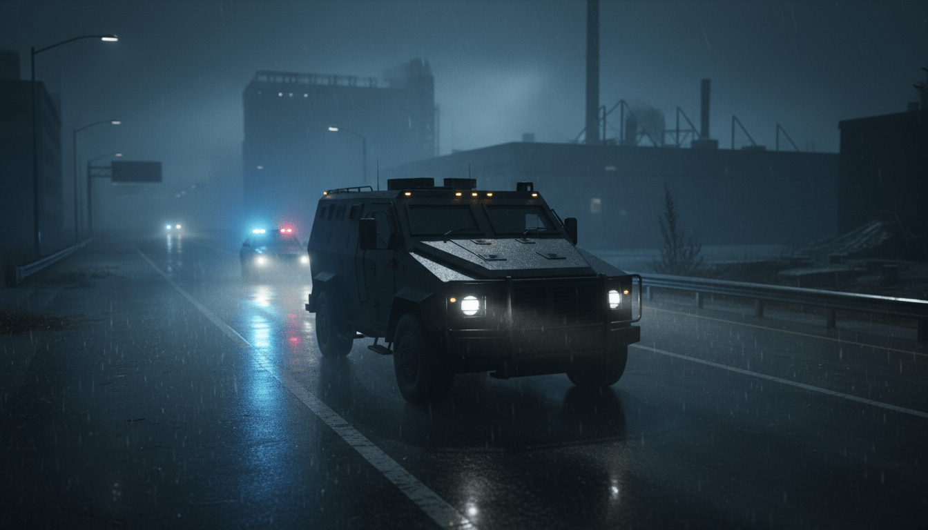 Convoy de transporte tactico de prisioneros de alto riesgo bajo lluvia nocturna con iluminacion cinematografica