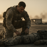 Médico militar de combate en acción, atendiendo urgentemente a un soldado herido en un entorno bélico árido. Imagen realista de primeros auxilios tácticos en el campo de batalla, medicina de emergencia militar.