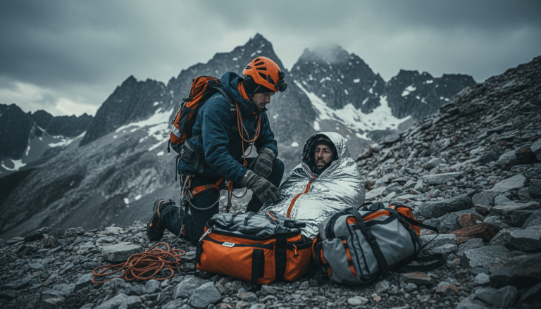 Socorrista brindando primeros auxilios de emergencia en una montaña remota y aislada.