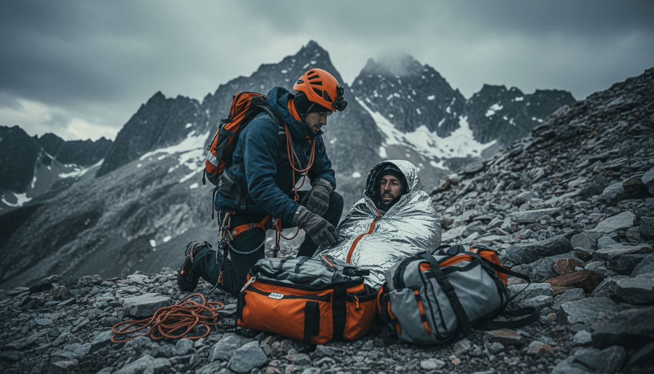 Socorrista brindando primeros auxilios de emergencia en una montaña remota y aislada.
