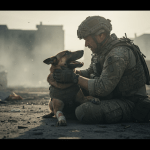 Guía militar aplicando medicina táctica K9 TCCC a un perro de trabajo en un escenario de combate