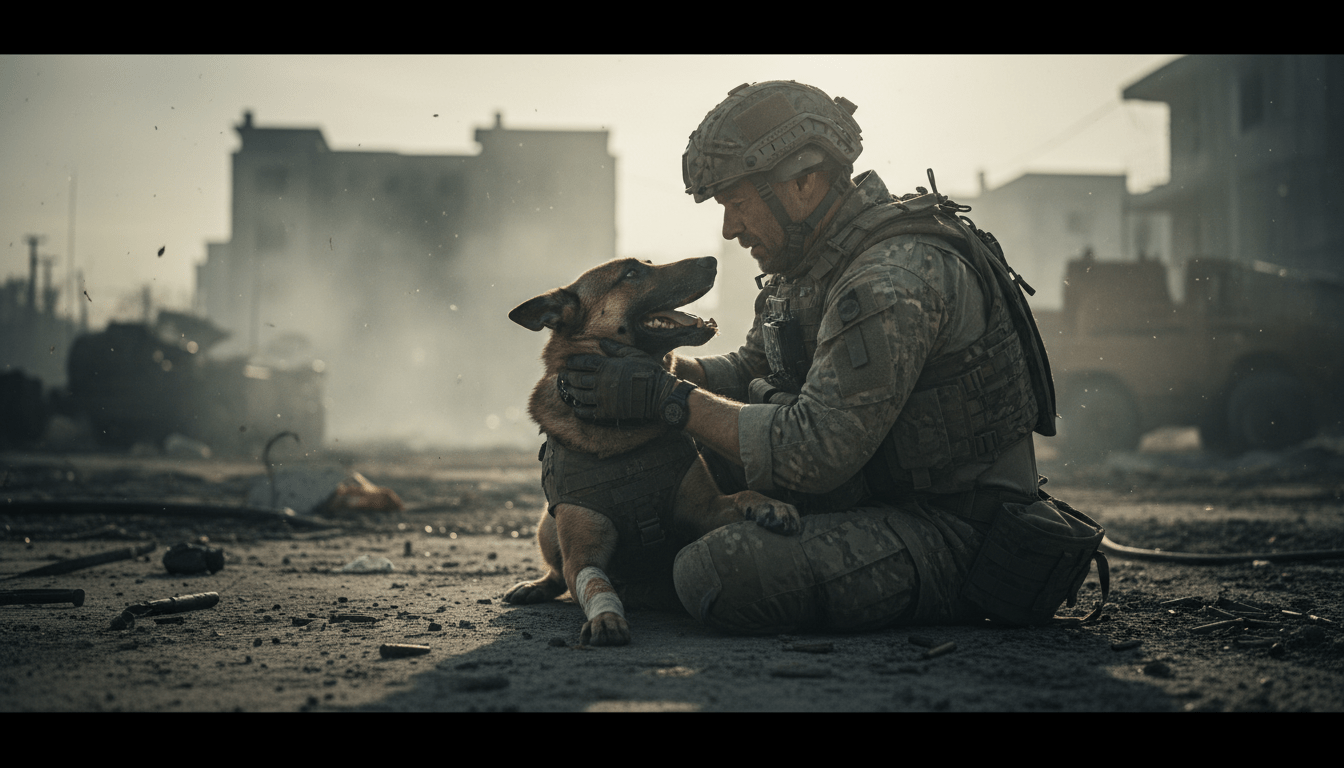 Guía militar aplicando medicina táctica K9 TCCC a un perro de trabajo en un escenario de combate