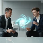 Ejecutivo senior y joven profesional colaborando en un programa de mentoría inversa en una oficina moderna.