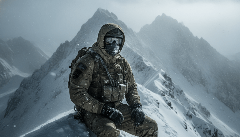 Operador de fuerzas especiales en misión de alta montaña bajo condiciones de frío extremo y nieve