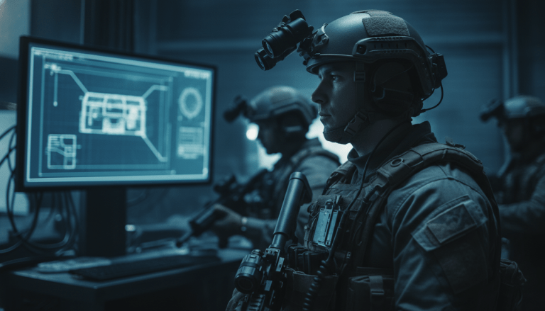 Equipo de fuerzas especiales tácticas en fase de inteligencia y preparación para operaciones de rescate de rehenes.