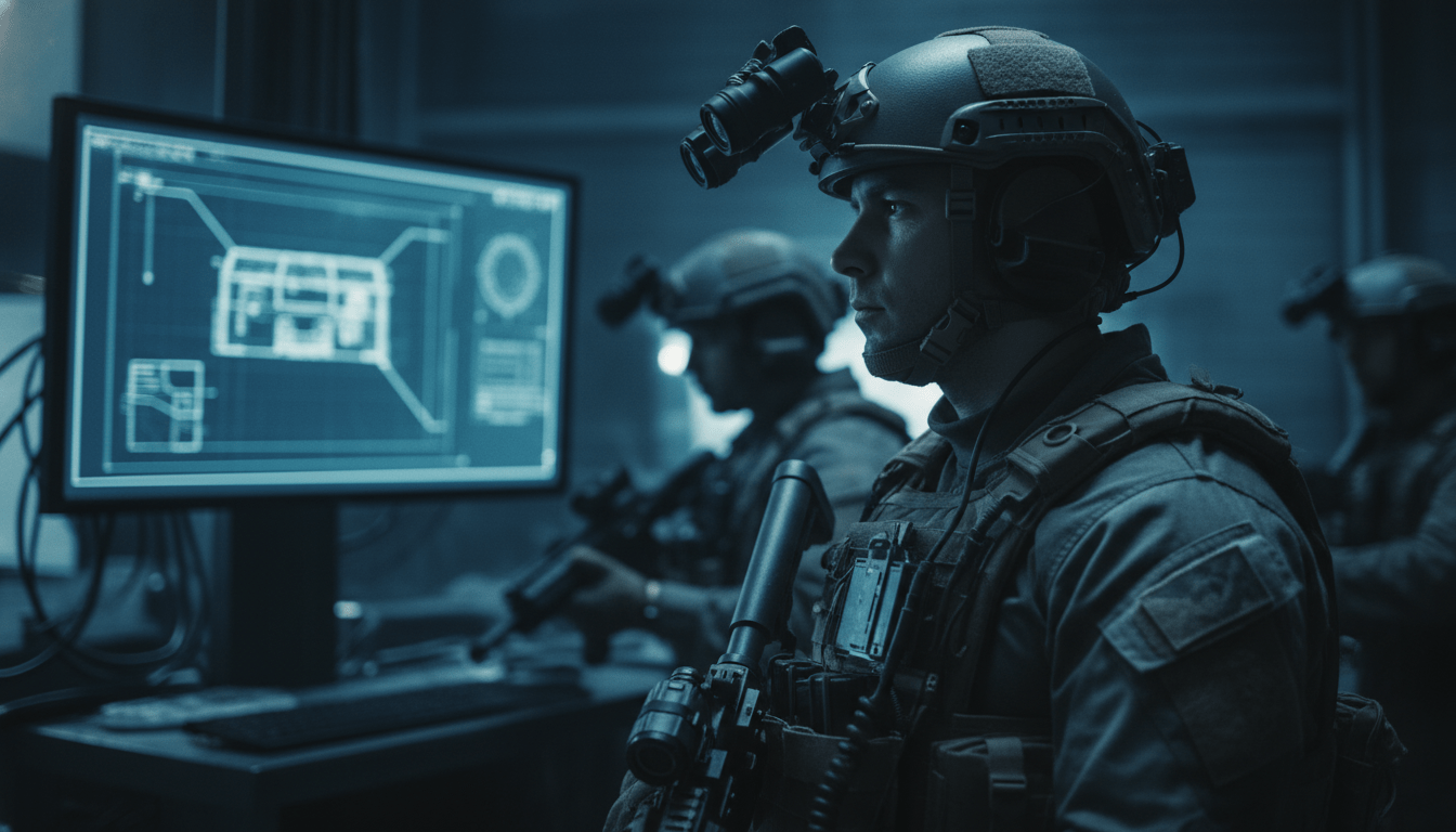 Equipo de fuerzas especiales tácticas en fase de inteligencia y preparación para operaciones de rescate de rehenes.
