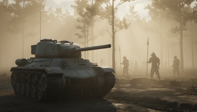 Ilustración cinematográfica de la guerra psicológica con tanques inflables y sombras de guerreros antiguos en la niebla
