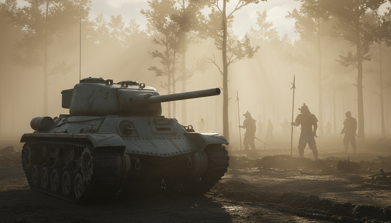 Ilustración cinematográfica de la guerra psicológica con tanques inflables y sombras de guerreros antiguos en la niebla