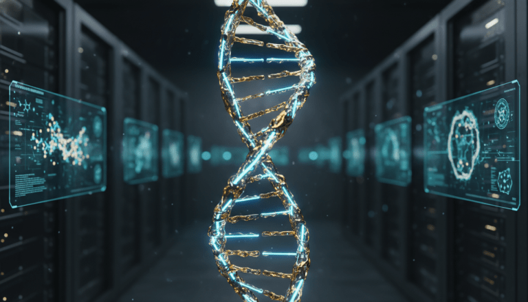 Secuencia de ADN brillante en un entorno de laboratorio biotecnológico de alta seguridad, representando la protección de propiedad intelectual.
