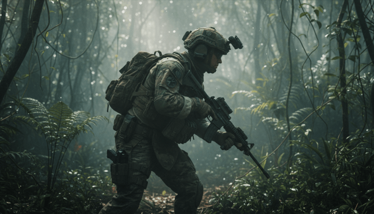 Operativo de seguridad táctica adaptándose a la baja visibilidad y humedad de una selva tropical densa.