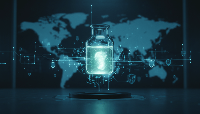 Concepto visual de seguridad de propiedad intelectual y biotecnologia en un entorno global interconectado