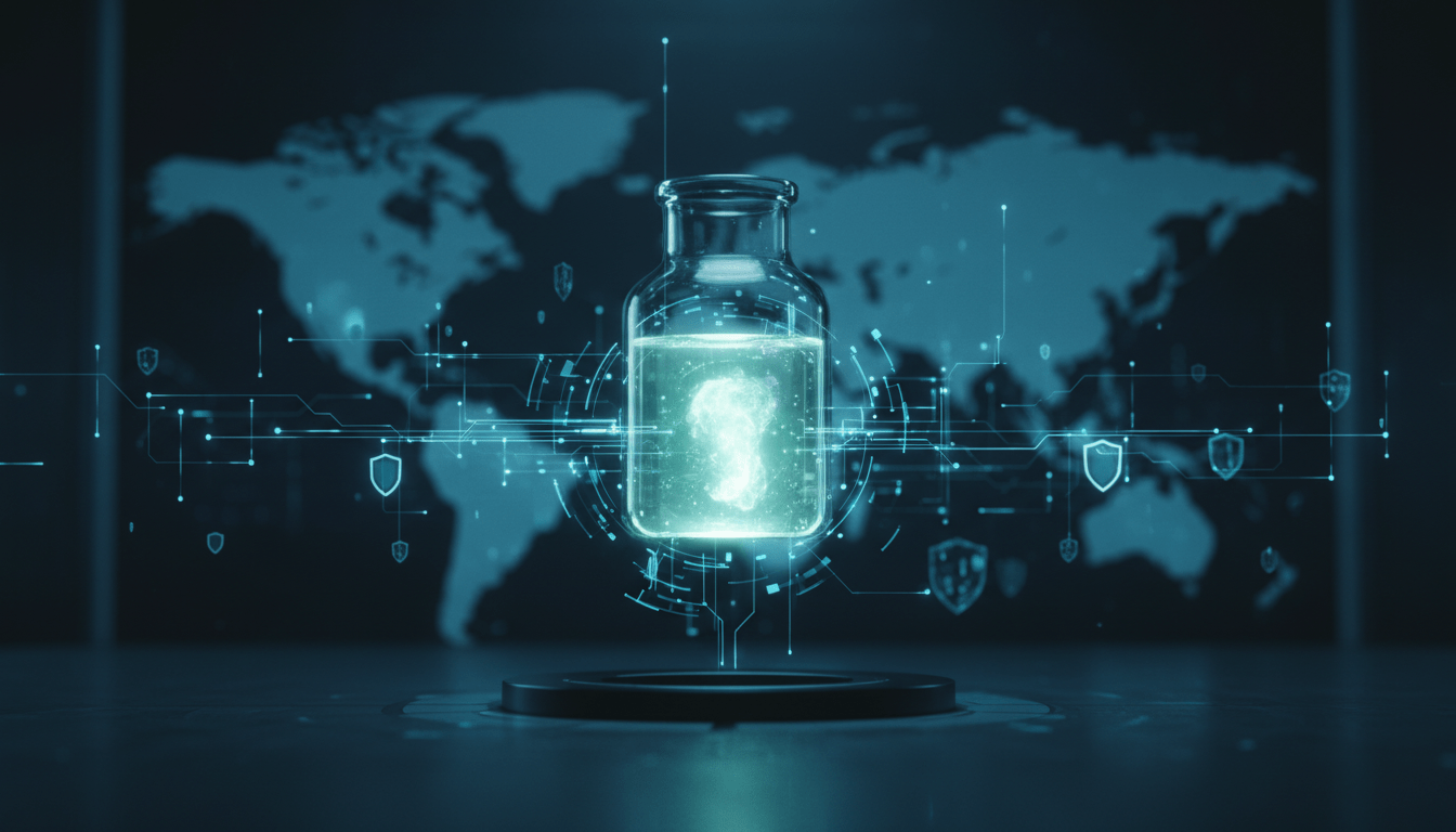 Concepto visual de seguridad de propiedad intelectual y biotecnologia en un entorno global interconectado