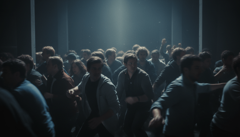 Multitud de personas en situación de pánico colectivo en un espacio oscuro con iluminación dramática.