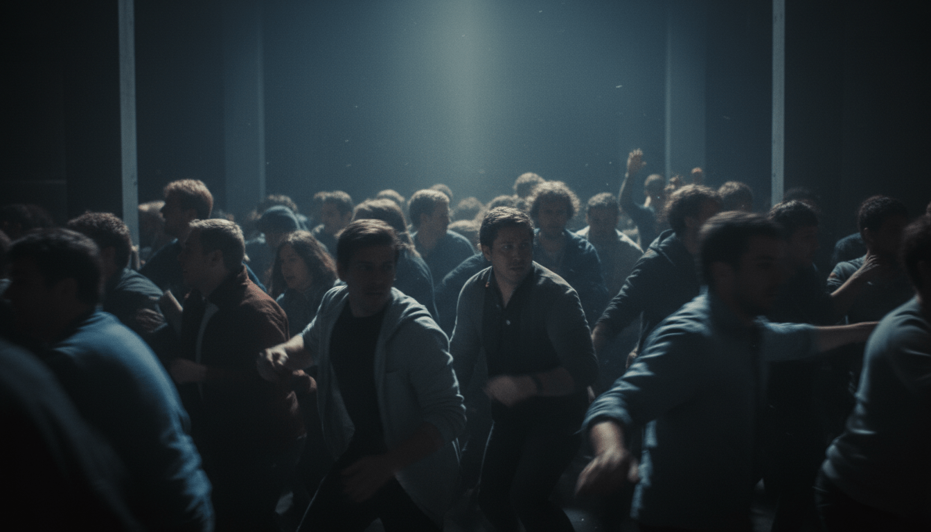 Multitud de personas en situación de pánico colectivo en un espacio oscuro con iluminación dramática.