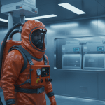 Científico con traje de protección biológica de presión positiva en un laboratorio de alta seguridad BSL-4