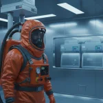 Científico con traje de protección biológica de presión positiva en un laboratorio de alta seguridad BSL-4
