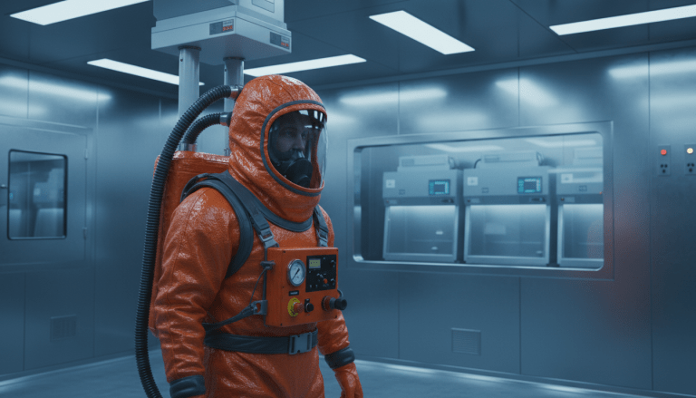 Científico con traje de protección biológica de presión positiva en un laboratorio de alta seguridad BSL-4