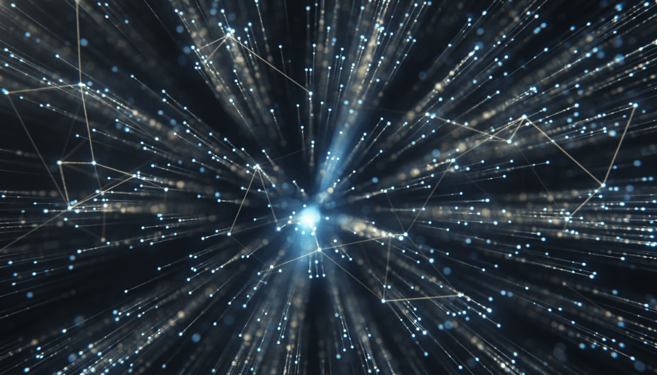 Representación visual del sistema nervioso de la civilización moderna a través de una red de fibra óptica conectada con nodos luminosos.
