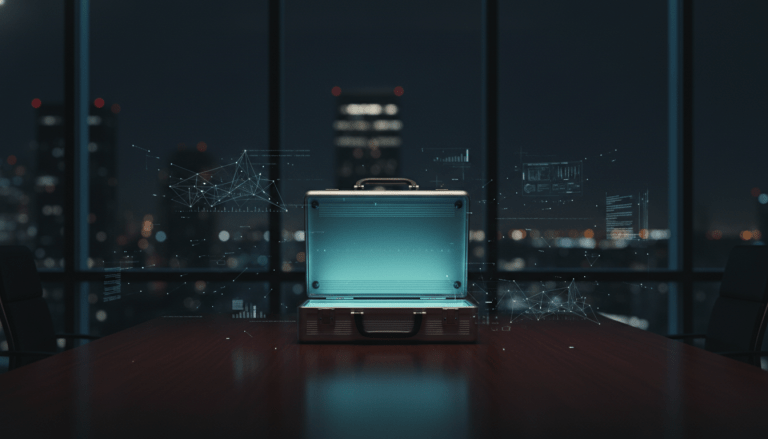 Maletín de seguridad de alta tecnología con luz azul en una oficina ejecutiva oscura representando la protección de activos y ciberseguridad financiera