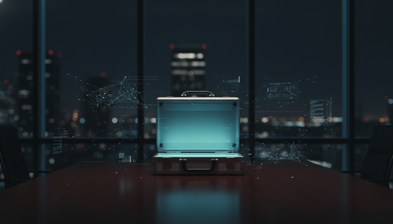 Maletín de seguridad de alta tecnología con luz azul en una oficina ejecutiva oscura representando la protección de activos y ciberseguridad financiera