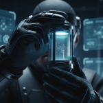 Especialista en seguridad trabajando con tecnologia de vanguardia en un laboratorio de nanotecnologia bajo protocolos estrictos.