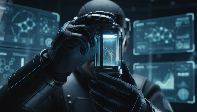 Especialista en seguridad trabajando con tecnologia de vanguardia en un laboratorio de nanotecnologia bajo protocolos estrictos.