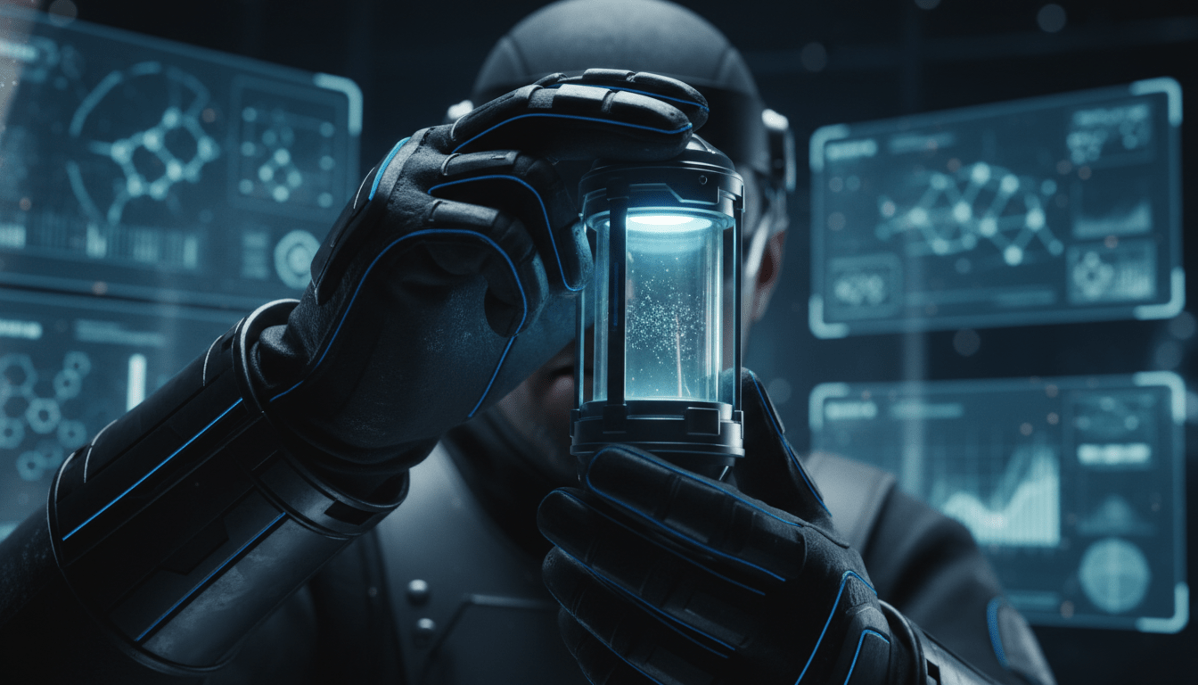 Especialista en seguridad trabajando con tecnologia de vanguardia en un laboratorio de nanotecnologia bajo protocolos estrictos.