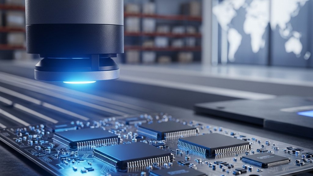 Primer plano de un microchip siendo inspeccionado por un láser en una línea de producción para garantizar la seguridad de la cadena de suministro electrónica.
