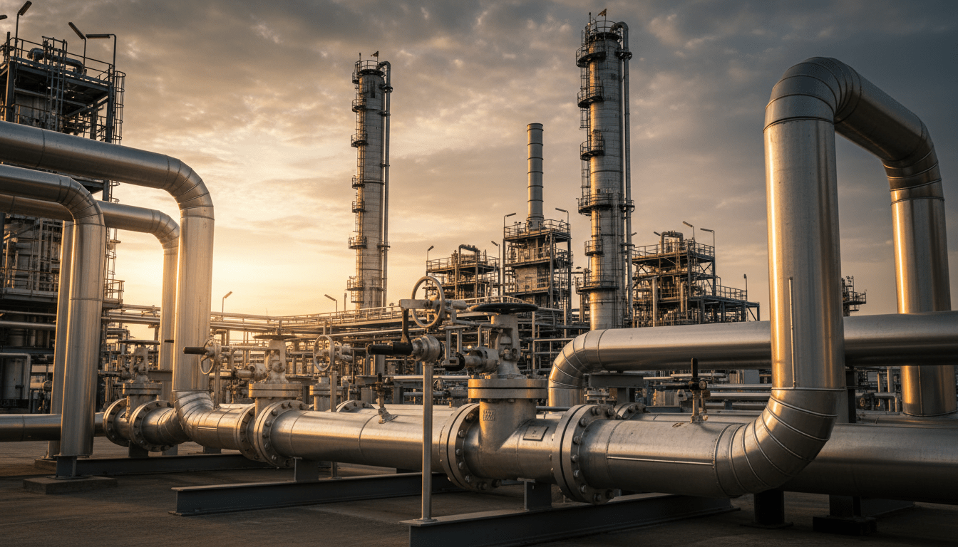 Infraestructura de planta química industrial con tuberías de alta seguridad y diseño de ingeniería técnica.