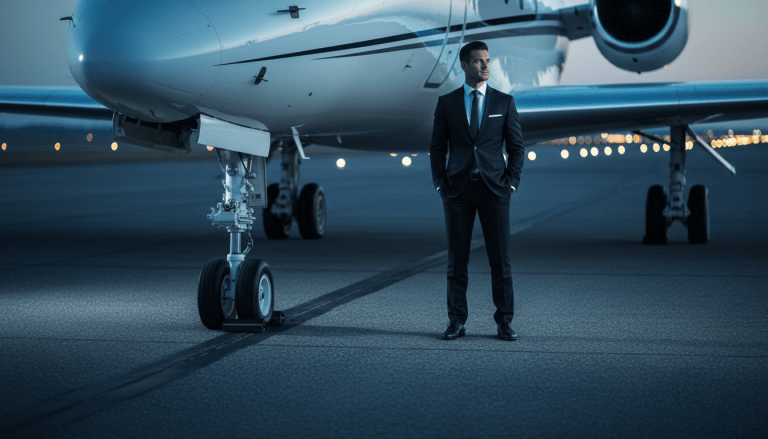 Especialista en seguridad de aviación ejecutiva supervisando un jet privado en una pista al atardecer