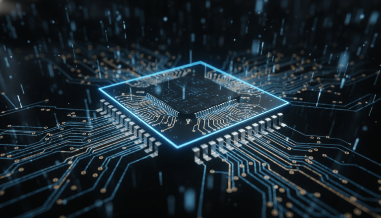 Primer plano detallado de un microchip complejo iluminado con luces azules y doradas representando la seguridad en la cadena de suministro de semiconductores.