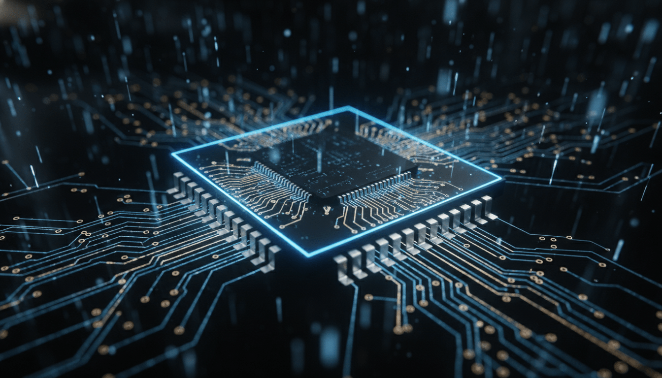 Primer plano detallado de un microchip complejo iluminado con luces azules y doradas representando la seguridad en la cadena de suministro de semiconductores.