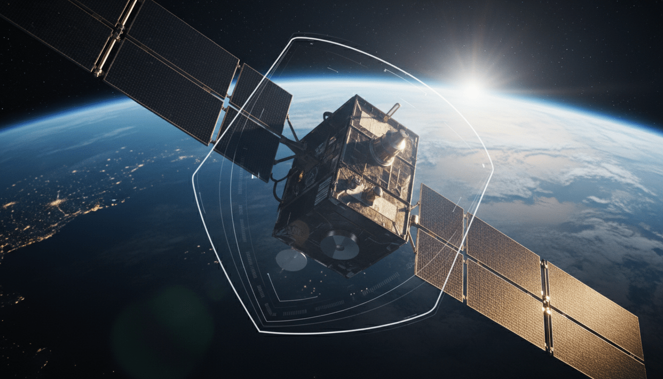 Satelite de seguridad orbital avanzado orbitando la Tierra durante un amanecer espacial