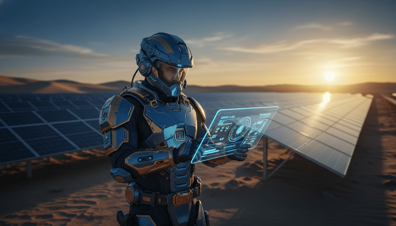 Especialista en seguridad monitorizando un parque solar fotovoltaico en un entorno desértico vasto