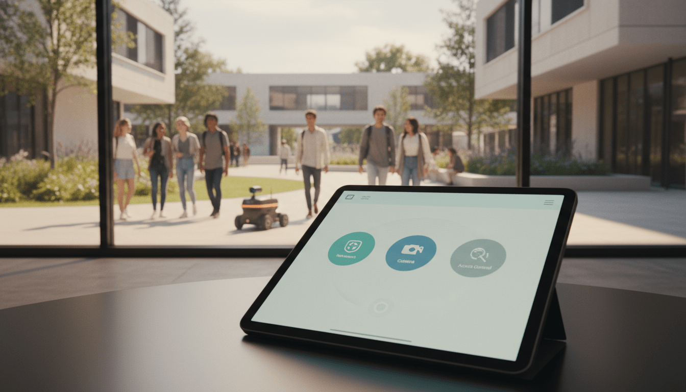 Tecnologia de seguridad integral y entorno educativo moderno enfocado en la proteccion digital y fisica