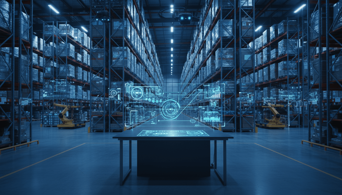 Centro de distribución logístico moderno con tecnología de vigilancia avanzada y monitoreo de datos en tiempo real.
