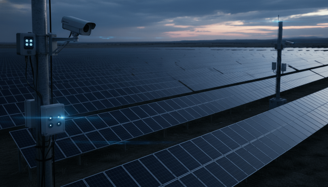 Infraestructura de seguridad avanzada protegiendo un parque fotovoltaico en un entorno remoto y desértico