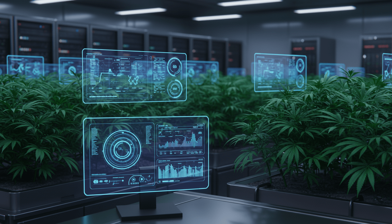 Tecnología avanzada de seguridad y monitoreo digital en un cultivo de cannabis comercial