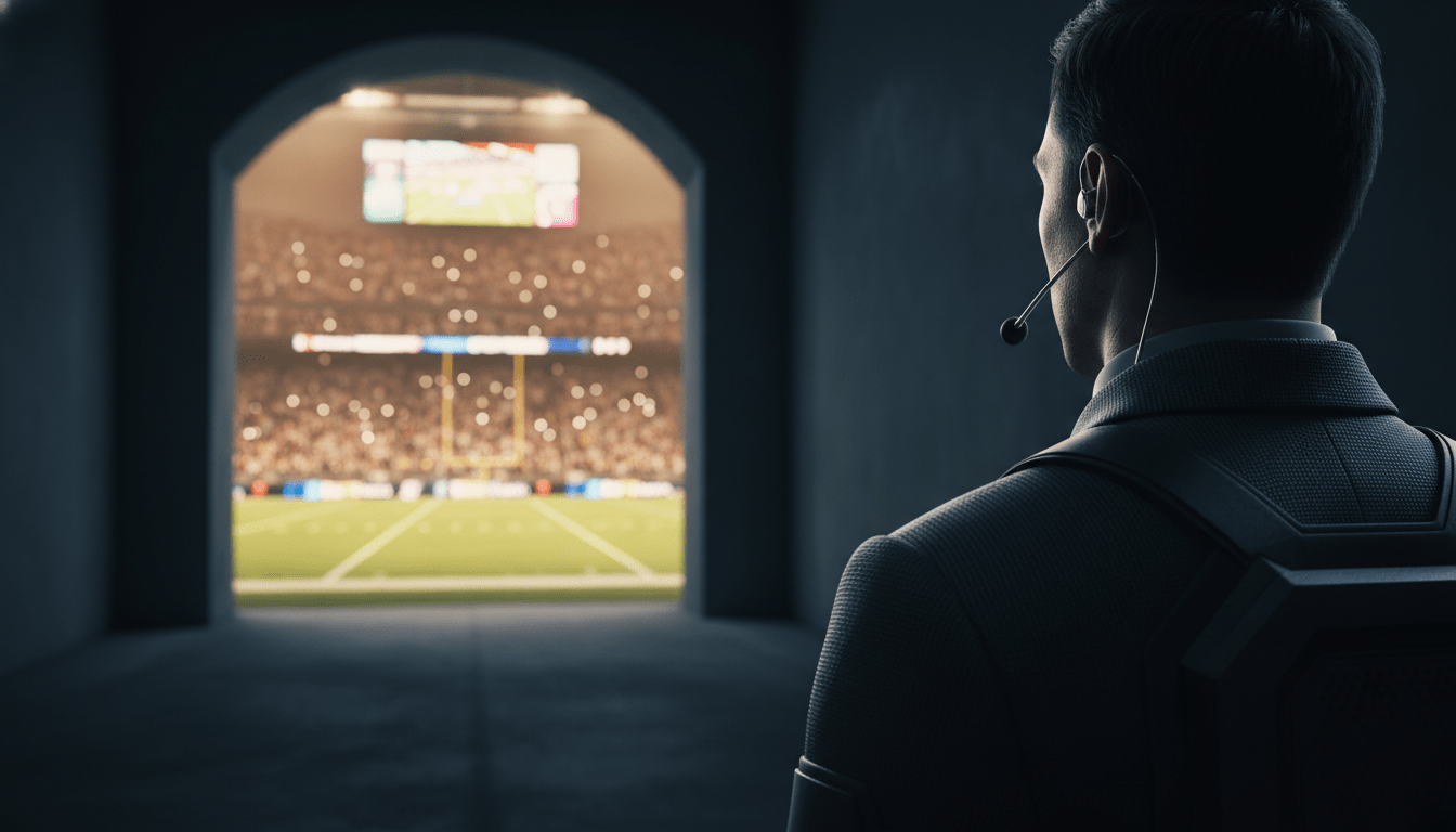 Especialista en seguridad analizando riesgos en la infraestructura de un estadio deportivo profesional con iluminacion cinematografica.