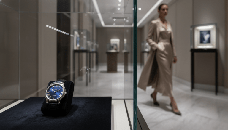 Detalle de vitrina de lujo en boutique exclusiva con atmósfera de seguridad sofisticada