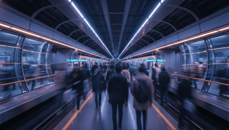 Vista arquitectónica de una estación de metro moderna con flujo de pasajeros, representando la seguridad y tecnología en el transporte público.