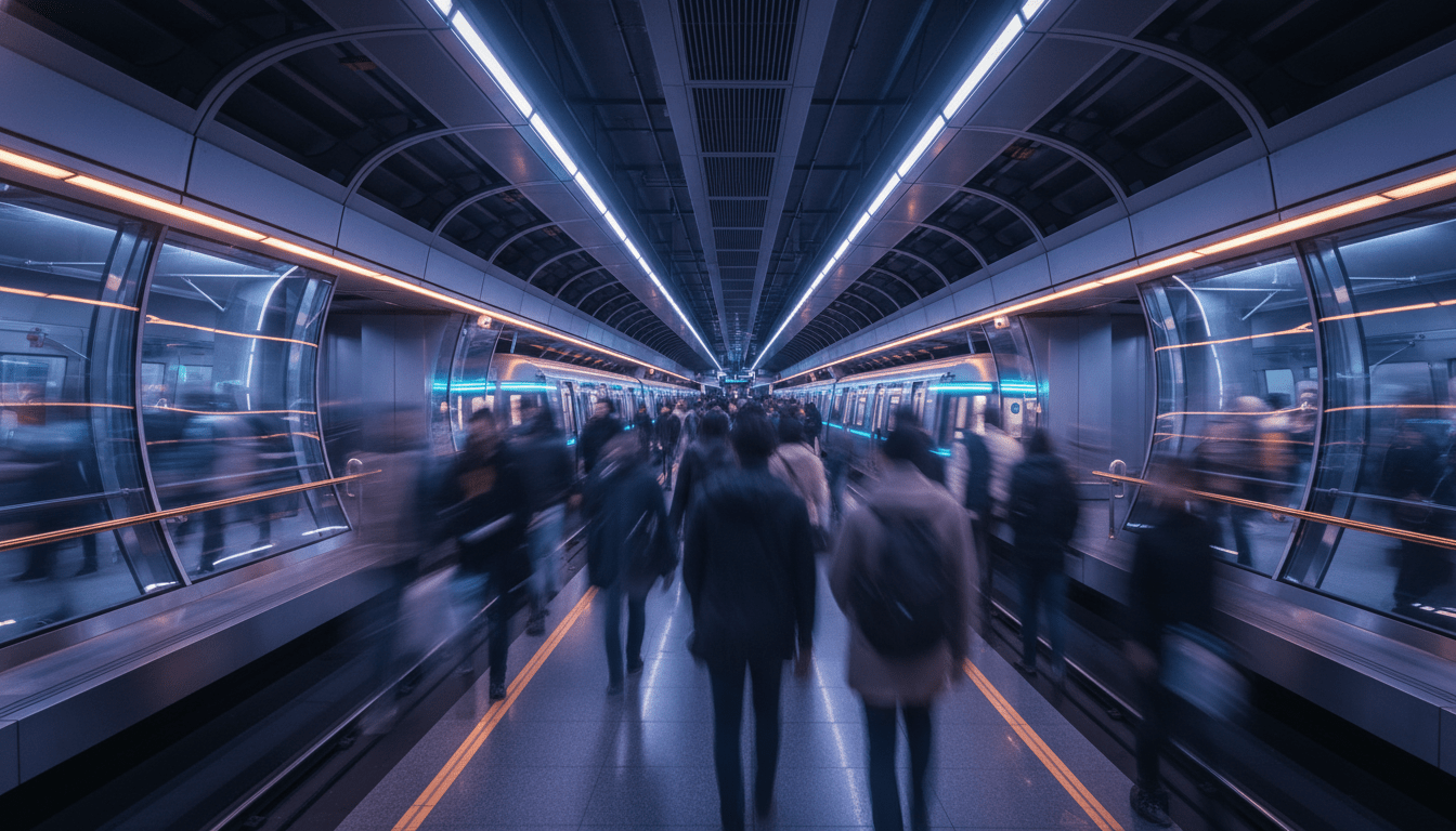 Vista arquitectónica de una estación de metro moderna con flujo de pasajeros, representando la seguridad y tecnología en el transporte público.